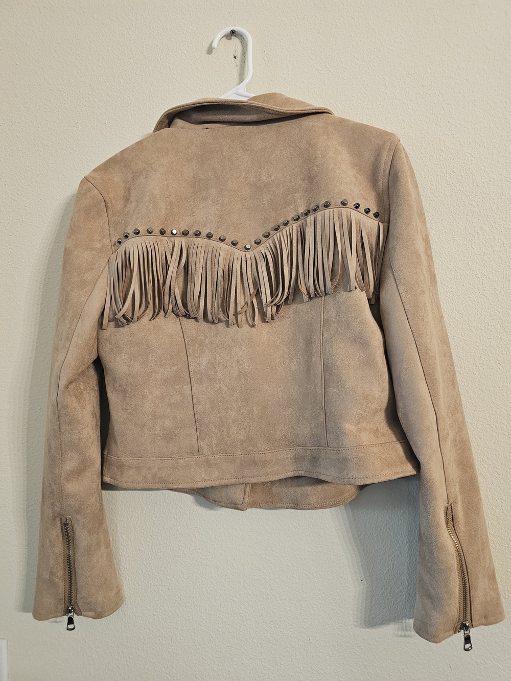 Fringed Suede Moto Jacket - Beige - Picture 2 of 3